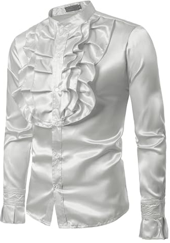 LSFYSZD Men Satin Ruffle Shirts Long Sleeve Silk Like Satin Stand Collar Solid Color Slim Fit Casual Shirt (White, M)