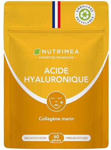 ACIDE HYALURONIQUE - Avec Collagène Marin - Riche en Vitamines A & C - Anti Rides, Anti Age & Articulations - Agit en Profondeur - Doypack 60 Gélules Vegan - Nutrimea - Fabriqué en France
