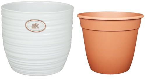 Set – SK Soendgen keramisk kruka Bergamo ø 24 cm, vit glänsande + blomkruka ø22, högkvalitativ levande atmosfär