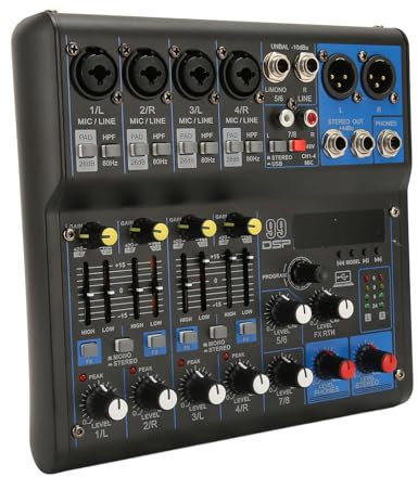 Bluetooth-Audiomixer, 8-Kanal-DJ-Mixer mit 99 -Effekten, USB-Computereingang + Lotos-Ausgang, DJ-Controller-Stereomixer für Power-Stereo-DJ-Studio-Streaming (EU-Stecker)