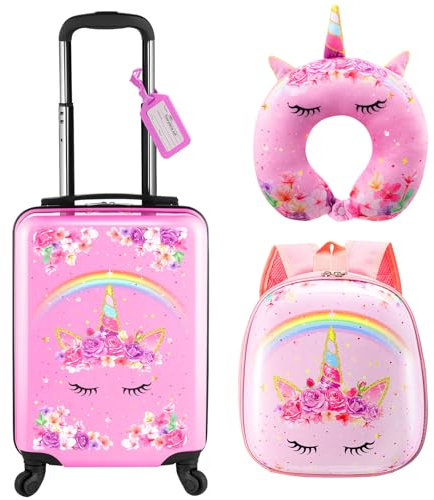 Sanwuta 4 Pcs Kids Luggage Set, Magic Pink, 18 Inch, Rainbow Unicorn