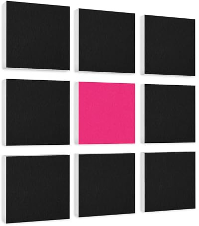 platino24 Wandbild Quadrate 9-teilig I Maße: jeweils 27,5 x 27,5 x 5 cm I Basotect ® G+ Akustikpaneele I stilvolle Schalldämmung für Wand & Decke I Schwarz & Fuchsia