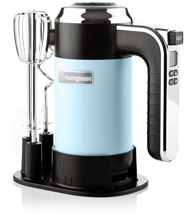 Westinghouse Batidora de mano retro, 5 velocidades + función turbo, 2 varillas mezcladoras, 2 ganchos para amasar, pantalla LCD, temporizador, base base, bolsa de almacenamiento, 350 W, azul claro