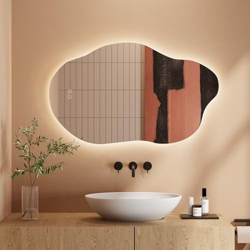 Dripex Badezimmerspiegel Led Badspiegel, Asymmetrisch, Touch-Schalter, Dimmbar, 3 Lichtfarbe Einstellbare Spiegel Bad mit Beleuchtung, Organischer Wandspiegel, Beschlagfrei 85x52 cm