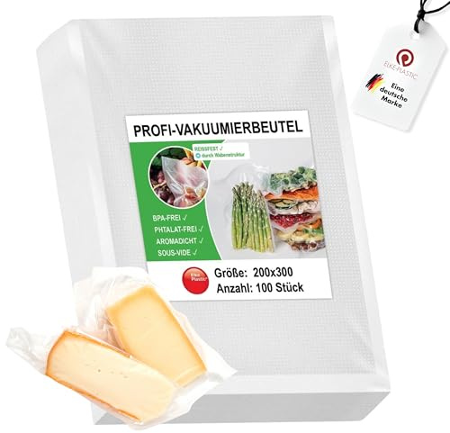 Elke-Plastic geprägte Vakuumierbeutel 100 Stück 20x30cm [extra stark] Profi Folienbeutel mit Wabenstruktur | BPA- & Phthalatfrei | Sous-Vide & kochfest | für alle Vakuumierer | Gefrierbeutel