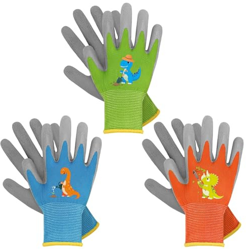 WAWSAM Kids Gardening Gloves 3 Pairs Toddlers Rubber Coated Work Gloves Children Garden Gloves Thorn Proof Heavy Duty Gloves Garden Working Gloves for Boys Girls Children Housework Duty Work