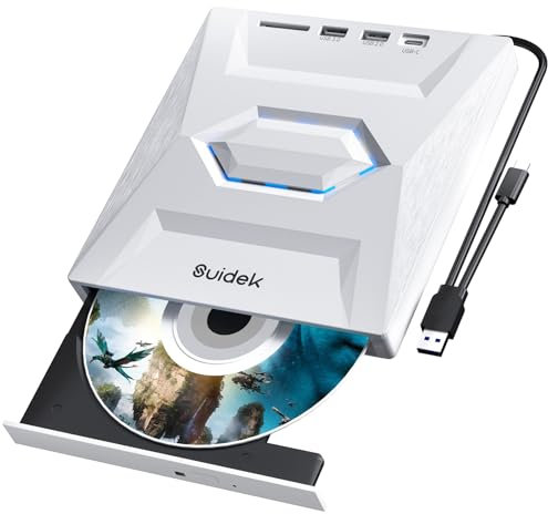 SUIDEK External CD DVD Drive for Laptop, 5 in 1 Ultra Slim Portable USB-C CD+/-RW Burner DVD Player for Laptop with SD Card Reader USB 3.0 Type C Hub for Desktop PC Windows Linux