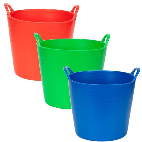 Amtech - 3 Pack Flexi Tub for Carrying Water, Soil, Bricks, Animal Feed and More, Super Strong Reinforced Handles, Durable and Long Lasting, Heavy Duty, Cold Resistant (Red, Green & Blue) (26L)