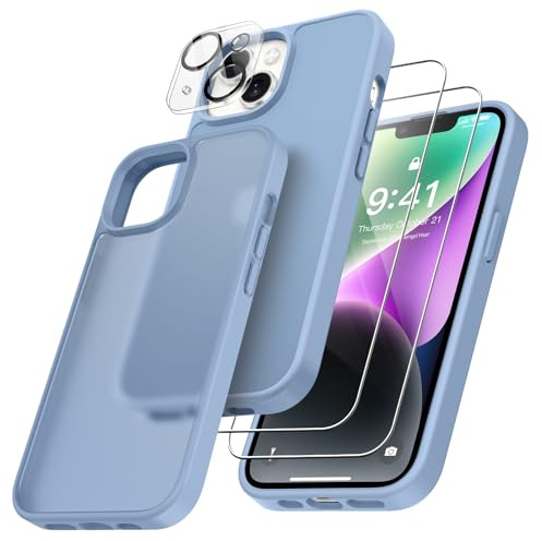 FLLAO 4 en 1 Coque pour iPhone 14 avec 2 Verre Trempé et 1 Caméra Protecteur, [Coussin d'air Intégré] Antichoc Antirayures Bumper Protection Housse pour iPhone 14 6.1, Bleu Clair