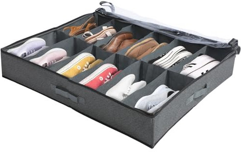 Lrocotanc Organizador de Zapatos Bajo la Cama con Tapa Transparente - Bolsa Resistente para Zapatos - Caja de Almacenamiento de Zapatos con 12 Compartimentos (Gris)