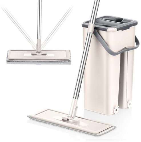 Mopa Multifuncional para Azulejos Paredes y Suelos con Cubo Escurridor Sistema Autoescurrible Cepillo 6 Almohadillas de Microfibra Escurre Fácil Mop Trapeador Limpieza Tarima Atrapa Polvo Ventanas