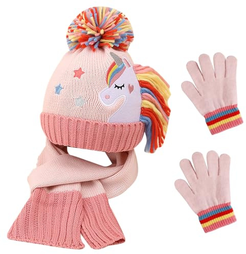 QKURT Kid’s Stretchy Beanie Hat Mittens Scarf Set, Children Winter knitted Cap with Pom Pom Thermal Neck Warmer Gloves Set Unicorn Cold Weather Accessories for 2-5 Years Old Girls