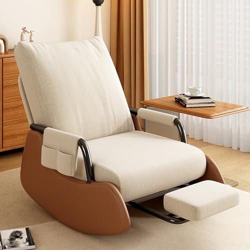 Moderna sedia a dondolo con poggiapiedi e tasca laterale per allattamento, sedia per soggiorno e camera da letto, comoda base in legno e poggiapiedi pieghevole.