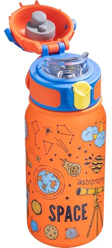 OLDLEY Insulated Kids Water Bottle 350ml/12oz Stainless Steel Metal Water Bottles Leakproof Double Walled Cute Vacuum Small Flask with Handle Keep Drinks Hot Cold for Boys Girls Children (Space)