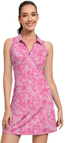Soneven Tenniskleid für Damen mit 1/4 Reißverschluss, Ärmellos Sportkleid mit Integrierten Shorts und Taschen,Golfkleid Tennis Outfit Kleidung Rosa Druck XL
