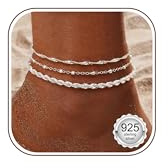 CASSIECA Bracelets de Cheville pour Femme en Argent Sterling 925 Bracelets de Cheville Tendance Délicats Empilable Bracelet de Cheville Ajustable Corde Chaîne Perlée Pied Bijoux de Plage pour Femme