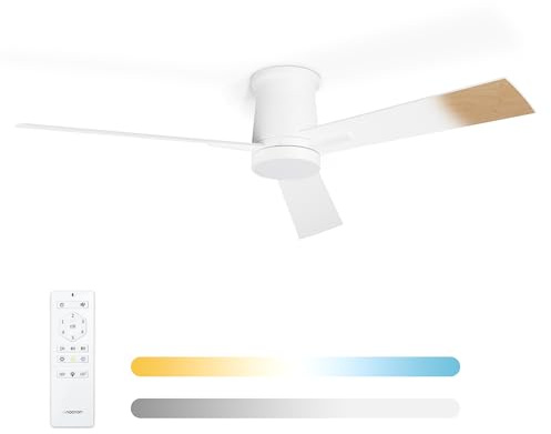 Noaton® Rhea Weiß/Naturholz Deckenventilator mit Beleuchtung und Fernbedienung, Leise, 6 Geschwindigkeiten, Ø132 cm, Dimmbar LED 22,9 W, Timer, DC-Motor 35 W, Sommer-Winterbetrieb
