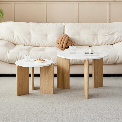 JZGORC 2er Set Couchtisch, Wohnzimmertisch mit Weißer Tischplatte und Beinen in Holzmaserung, Moderner und Schlichter Wohnzimmer-Beistelltisch, Geeignet für Wohnzimmer und Schlafzimmer