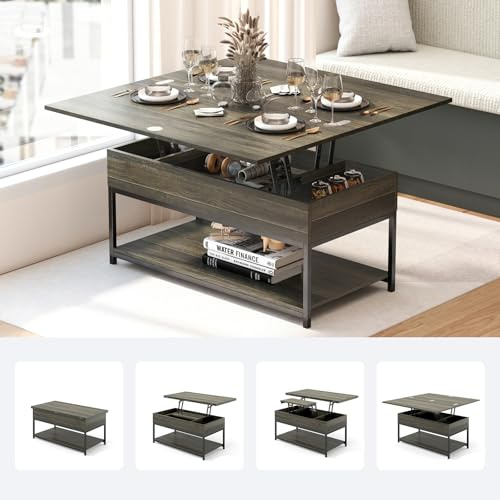 Manora Höhenverstellbarer Couchtisch mit Stauraum,Wohnzimmertisch mit Verstellbarem Regal,Wohnzimmer Tisch für Couch,2-stufig,Industrial Style(Grau)