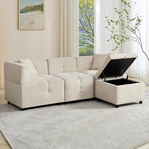 Merax Sofa 3-Sitzer Ecksofa mit Stauraum, abnehmbarem Fußhocker und 2 Kissen, Chenille-Stoff, Premium Komfort - Modernes L-förmiges Couch für Wohnzimmer/Schlafzimmer/Büro, Beige