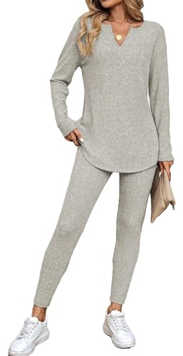 JENJON Femme Ensemble Deux Pièces Leggings à Manches Longues Tricot Côtelé Survêtement Col en V Tenue de Loisirs Sport Automne Hiver