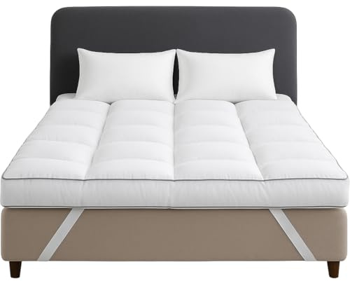 10cm Thick Mattress Topper Double Bed - 1000GSM Heavy Filling Quilted Extra Deep Super Fluffy & Breathable, Soft Box Stitched - Mattress Pad Strong Corner Elastic Straps Machine Washable (Double)