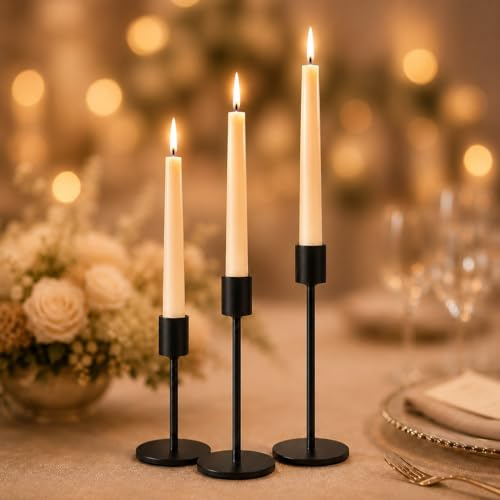 Kerzenständer Set 3 Stück Schwarz Metall, Hoch 9/14/16cm | Vintage Kerzenhalter für Stabkerzen, Eleganter Kerzenleuchter Deko, Für Hochzeit, Party, Candle Light Dinner