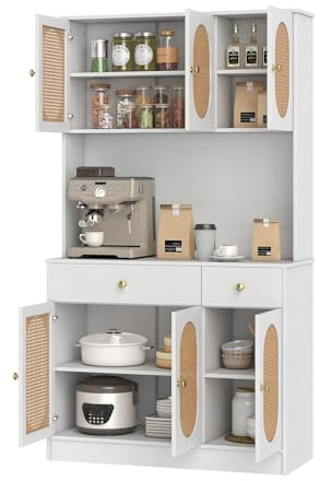 KOMFOTTEU Buffet Haut avec Station de Charge, Meuble Rangment avec 2 Tiroirs & 4 Armoires à Porte, Armoire de Cuisine, Étagères Réglables, pour Salle à Manger, Salon, 100 x 40 x 180 cm (Blanc)