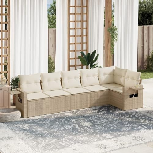 JHQHSM Set di 6 divani da giardino con cuscino beige in polyrattan, design modulare con tavoli pieghevoli e rivestimenti rimovibili per terrazze. Questo set da divano da giardino offre comodo