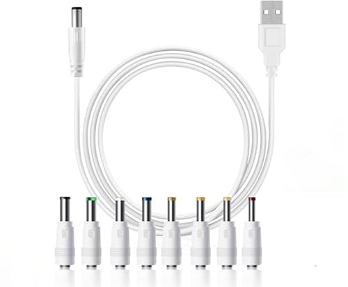 Cable USB a Conector DC 8 en 1,Cable de Alimentación Universal 5V a Cable de alimentación de 1m Cable de Carga multiconector USB a Adaptador DC para Router, Altavoz, Tiras LED Longitud 1,00 m Blanco