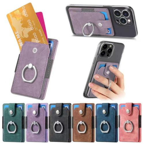 Figffotto Card Holder for Phone Case,Ring Stand Stick on Phone Wallet,Ultra-Slim Self Adhesive,Credit Card Holder for Back of Phone,RFID Blocking Ring Pocket Wallet Stick on Most Smartphones(Purple)