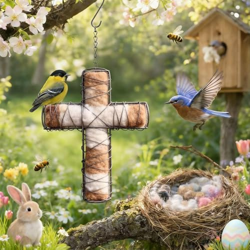 Handmade Fiber Bird Nesting, Birds Nests Material Holder, Easter Bunny, Eggs Shaped Hummingbird Nesting Without Nest Materials, Winter Fowl Gifts Animal Hummingbirds Lovers Home Garden Yard (Beige-D)