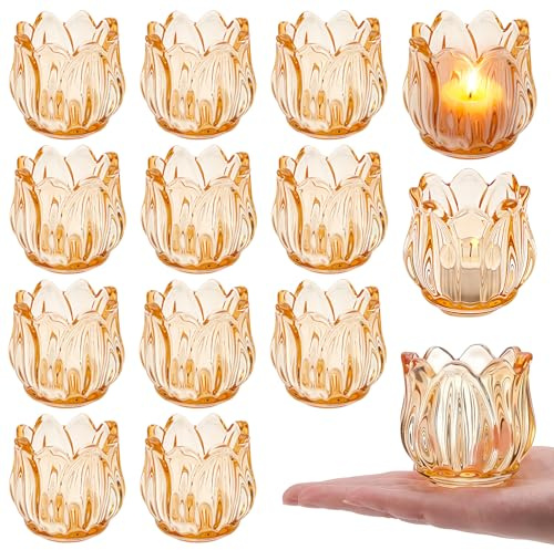 INTERWARM 26 Stück Goldener Votivkerzenhalter Teelichthalter Aus Glas In Blumenform Teelichthalter Aus Dickem Glas In Großen Mengen Für Hochzeiten Geburtstag Jahrestag Parteien (Huplatinumfarbe)