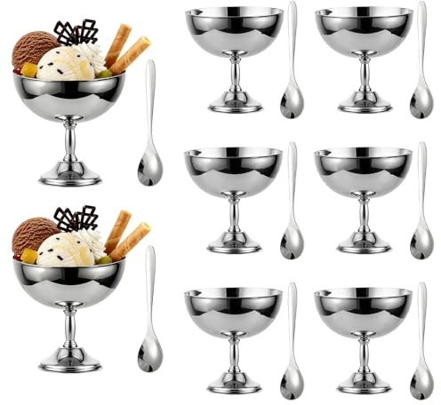 Tissting 8 st. glassbägare rostfritt stål 270 ml Ice Cream Cup dessertskål | Återanvändbar silverfärgad glasskopp med sked eller gaffel, milkshake kopp för dessert fryst yoghurt gelato
