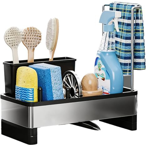 ZAPZEAL Kitchen Sink Caddy with Towel Rail Worktop Sink Tidy | Multi-compartment Sink Organiser Stores Sponges, Brushes & Washing-up Liquid. Side Towel Rail Air-dries Tea Towels