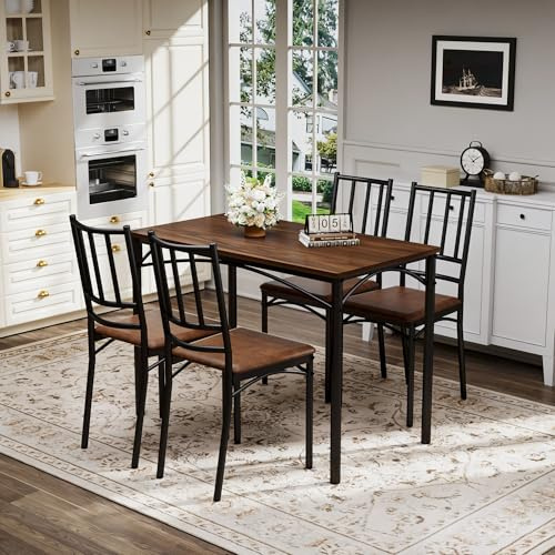 Generico Ensemble de salle à manger, table de bar avec 4 chaises, table de cuisine avec chaises, table de petit-déjeuner style industriel pour cuisine, salon, salle de fête, bois de noyer, 110 x 60 x