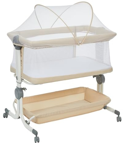 3-in-1 Babybett & Beistellbett, Stubenwagen, 6 Stufen Höhenverstellbar | Reisebett mit Rollen, atmungsaktivem Netzgewebe, Moskitonetz, Stauraumkorb & Matratze für Neugeborene