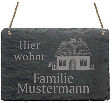 Schiefertafel « Hier wohnt Familie - IHR NAME - » mit Motiv Haus - Türschild Klingelschild Namensschild Haustür Eingang - Größe ca. 22 x 16 cm