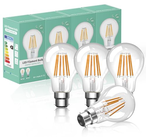 Bonlux 8W A60 Bayonet B22 Dimmable LED Light Bulb - Warm White 2700K BC GLS Filament Globe Classic Vintage Antique - 80W Halogen Equivalent 750lm Energy Saving Edison (4-Pack)
