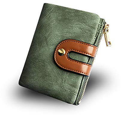 AOXONEL Women's Rfid Small Bifold Leather Wallet Ladies Mini Zipper Coin Purse id card Pocket,Slim Compact Thin (Green)