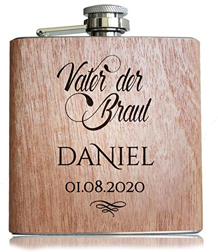 Pixelstudio Brautvater Geschenk Holz Flachmann Vater der Braut Geschenkidee Hochzeit Bester Papa persönliche Gravur Name
