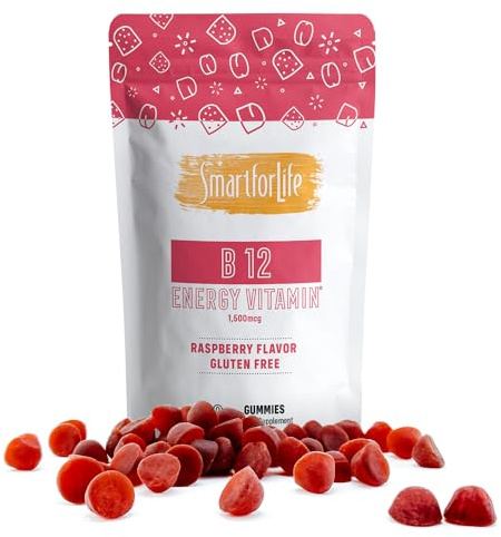 Lot de 60 bonbons gélifiés à la vitamine B12 – Saveur framboise – Idéal pour augmenter le métabolisme et l'énergie – Soutien osseux – Pour adultes ou enfants
