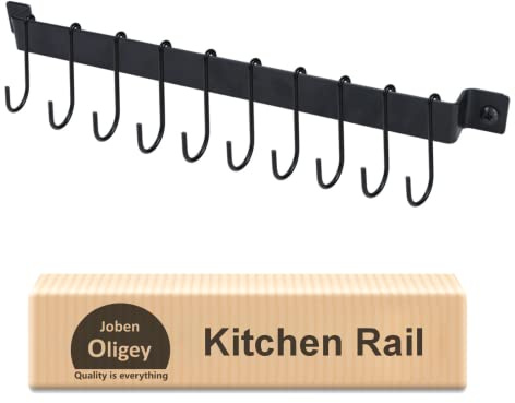 Wrought Iron Kitchen Holder: 10-Hook Wall-Mounted Utensil Rack with Black Finish - Ideal for Pots, Pans, Coffee Mugs