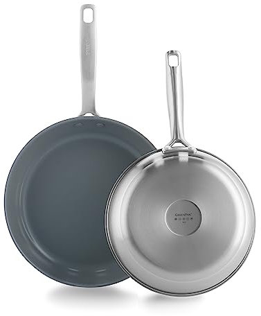 GreenPan Treviso Edelstahl Gesunde Antihaftbeschichtung aus Keramik Non-Stick 24cm & 28cm Bratpfannenset, PFAS-frei, Induktion, Backofen geeignet, Spülmaschinenfest, Silber