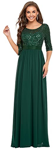 Ever-Pretty, Damen Abend- & Festkleider, A-Linie, elegante 3/4 Ärmel, Pailletten-Brautkleider,Chiffon, Empire-Stil, 00683., dunkelgrün, 40