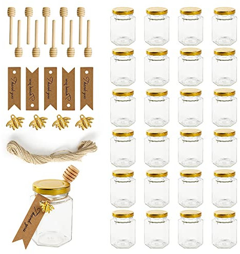 Rormket 12 Pack 4oz Glass Hexagon Honey Jars Golden Lids,Extra Wooden Honey Dipper Sticks, Bee Charms, Tag String, Baby Shower Thank You Party, Candle Crafts Glasses Canning Jar (Golden)