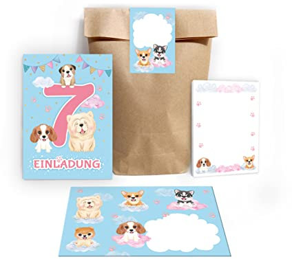 Junapack 12 Einladungskarten zum 7. Kindergeburtstag Einladung zum siebten Geburtstag Mädchen Hunde incl. 12 Umschläge, 12 Tüten/Natur, 12 Aufkleber, 12 Blöcke