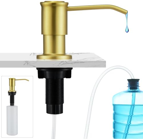CREA Seifenspender für die Küche, gebürstet, goldfarben, für Küchenspüle, eingebauter Seifenspender für Badezimmer, mit 99 cm Rohr, großes Fassungsvermögen, 482 ml Flasche