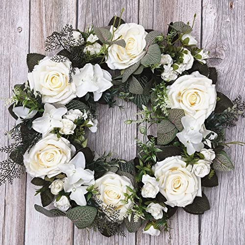 Plcnn 45cm Artificial Rose Wreath, Spring Summer Floral Wreaths Eucalyptus Wreath for Front Door Home Garden Window Decor