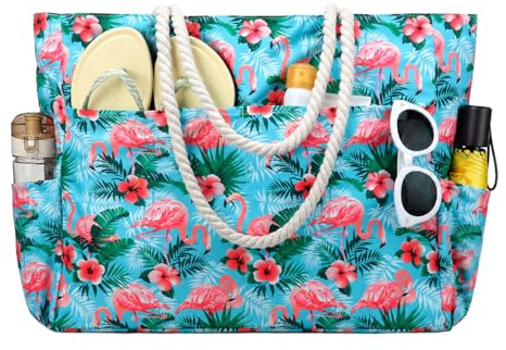 RAVUO Strandtasche Damen, Badetasche XXL Familie Extra Groß Wasserdicht Sanddicht Strandtasche mit Reißverschluss Beach Tote Bag